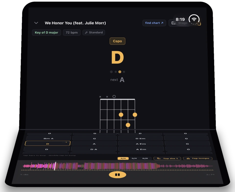 The song chart on a half-folded iPhone Duo: the chord D, next A, and its fingering standing on the top half; the bar-by-bar chart, waveform and play button lying on the flat half