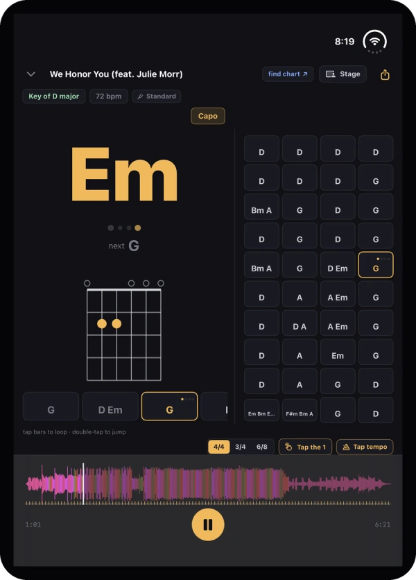 The song chart on an iPhone Duo opened flat: the current chord Em, its diagram and next chord on the left, the whole bar-by-bar chart on the right, the waveform and play button along the bottom