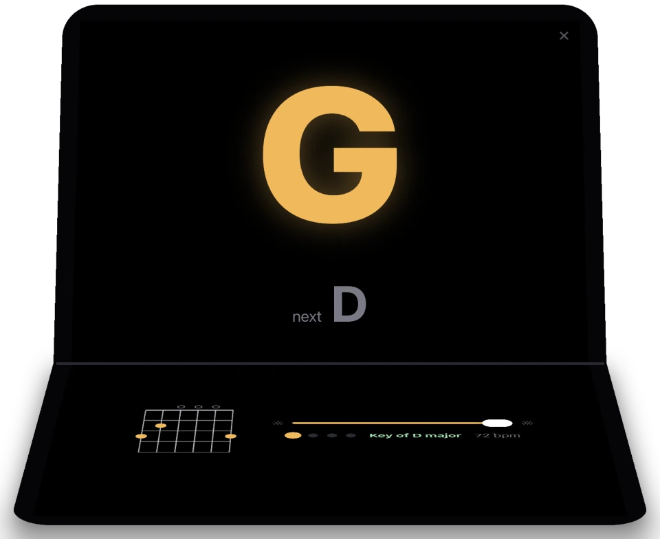 Stage mode on a half-folded iPhone Duo: a large G with next D on the top half; the chord diagram, brightness slider, beat dots, key of D major and 72 bpm on the flat half