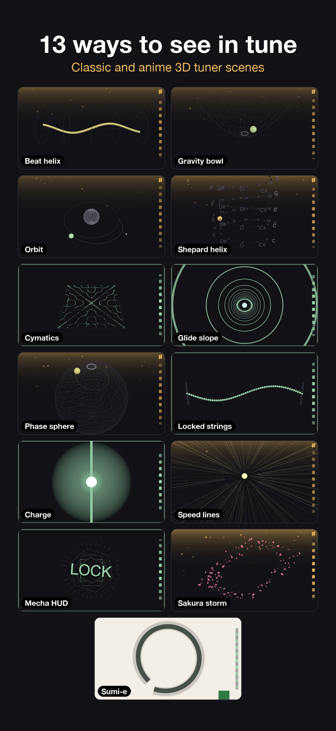 All thirteen 3D tuner scenes in a grid, classic and anime, each labeled