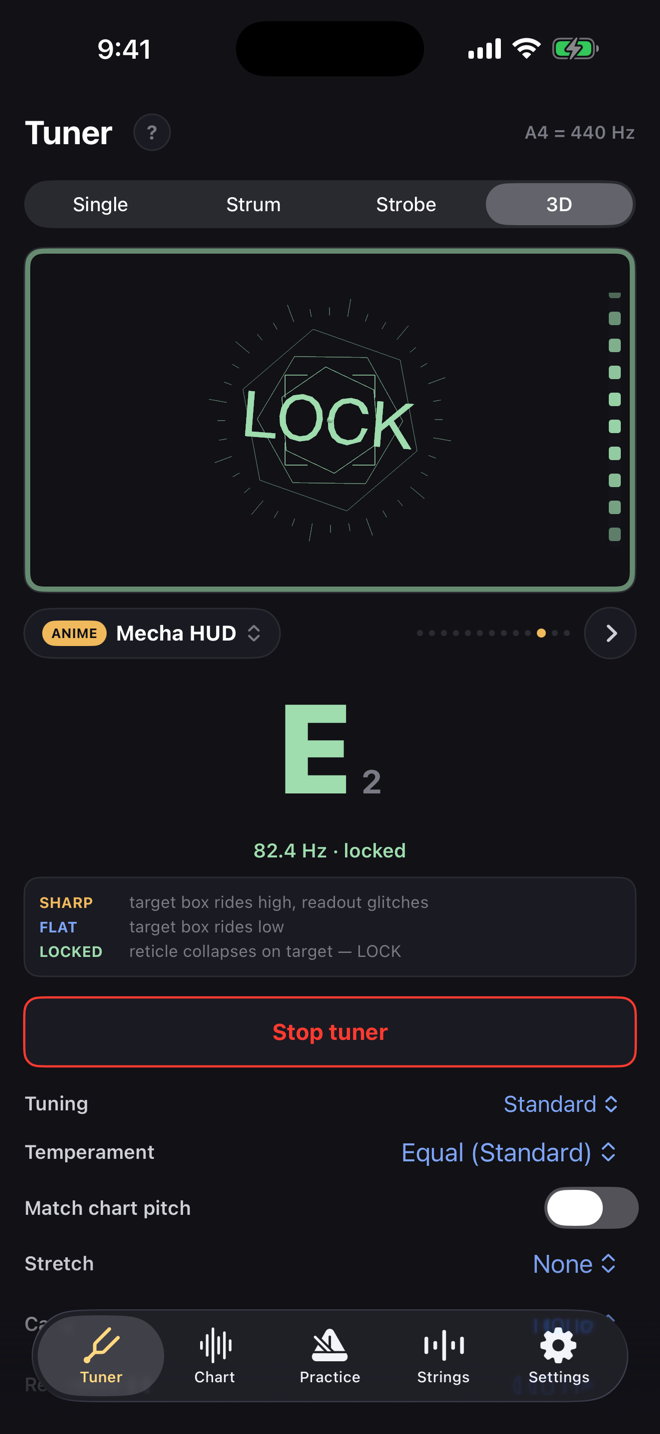 3D tuner, Mecha HUD: a hexagonal reticle collapsed on target with LOCK across the middle