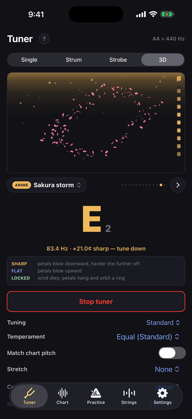 3D tuner, Sakura storm: pink petals swirling in a ring while the note reads sharp