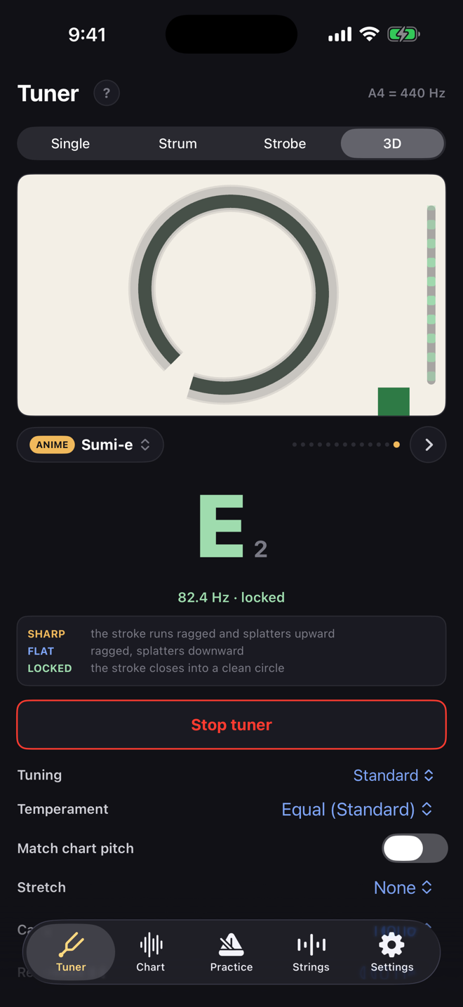 3D tuner, Sumi-e: an ink stroke closed into a circle on cream paper, the note E2 locked in green