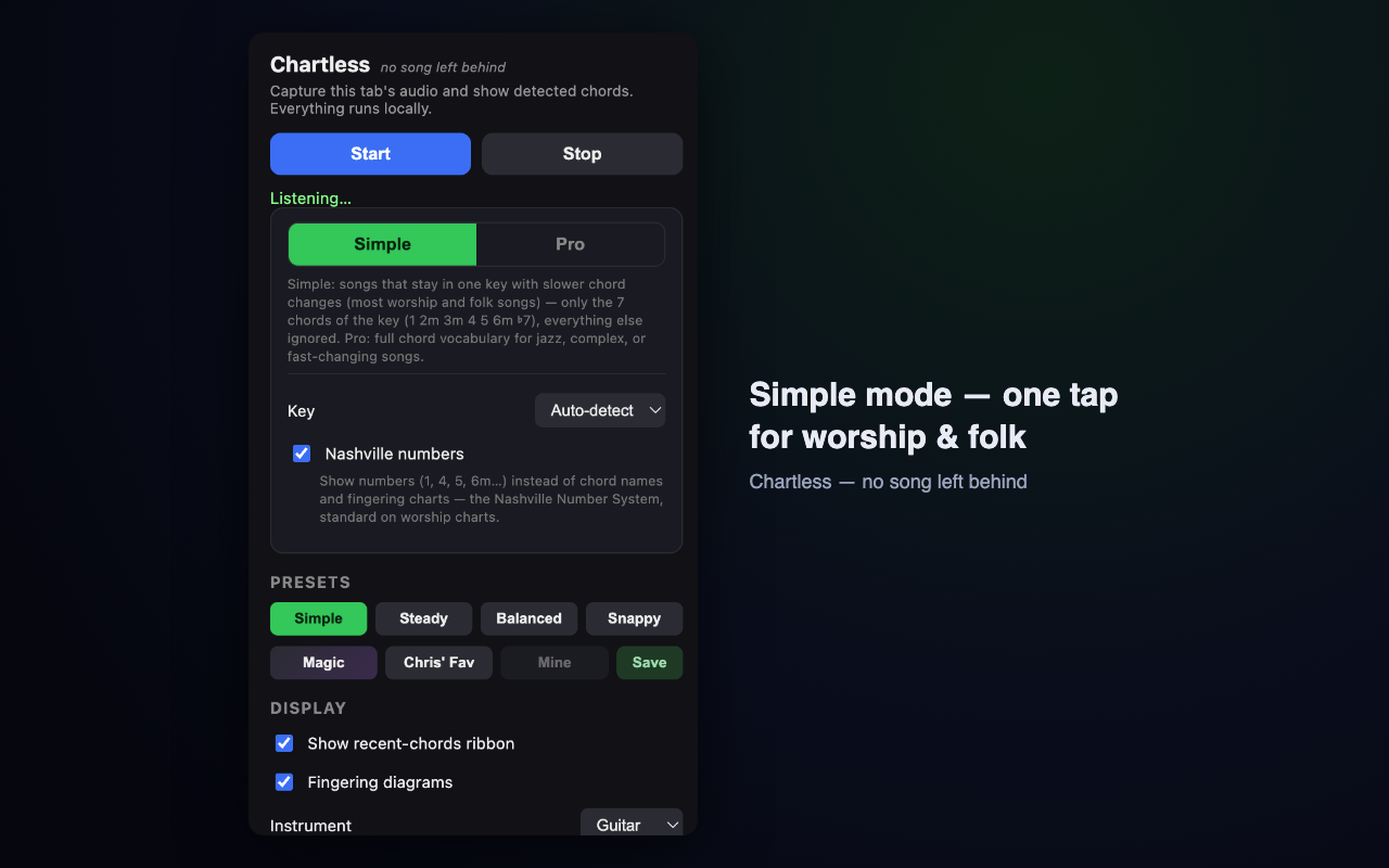 The Chartless popup with Simple mode active and Nashville numbers enabled