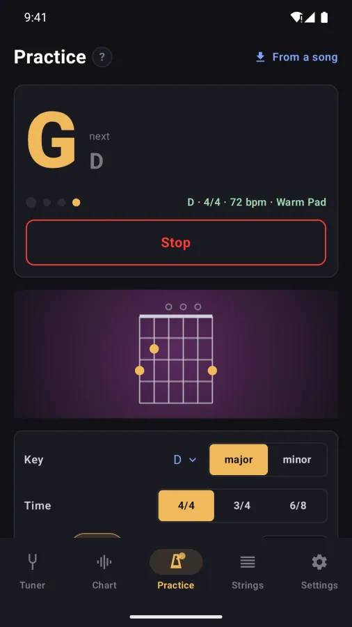 The practice tab on an Android phone: G with next D in the key of D at 72 bpm on the Warm Pad, with a guitar diagram