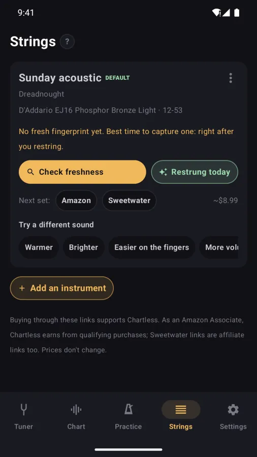 The Strings tab on an Android phone: a dreadnought with D'Addario EJ16 strings, a prompt to fingerprint a fresh set, Check freshness and Restrung today buttons