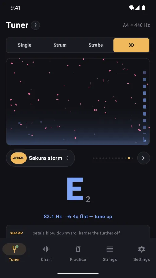 The 3D tuner on an Android phone, the Sakura storm scene, E2 at 82.1 Hz reading 6.4 cents flat