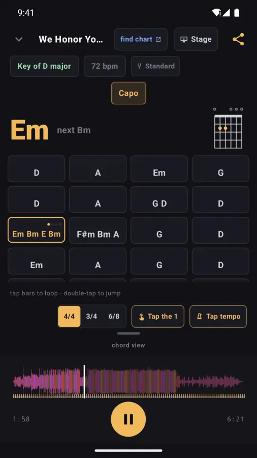 The whole-song view on an Android phone: Em with next Bm above a grid of bars, the playing bar lit, meter and Tap the 1 buttons and the waveform