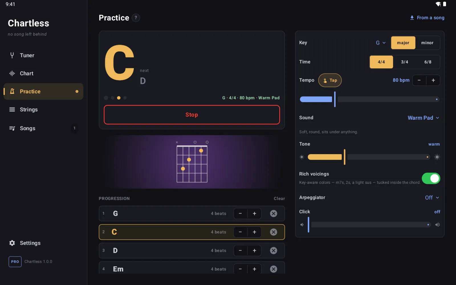 The practice room on an Android tablet: C with next D in the key of G at 80 bpm, the progression G, C, D, Em, and sound controls