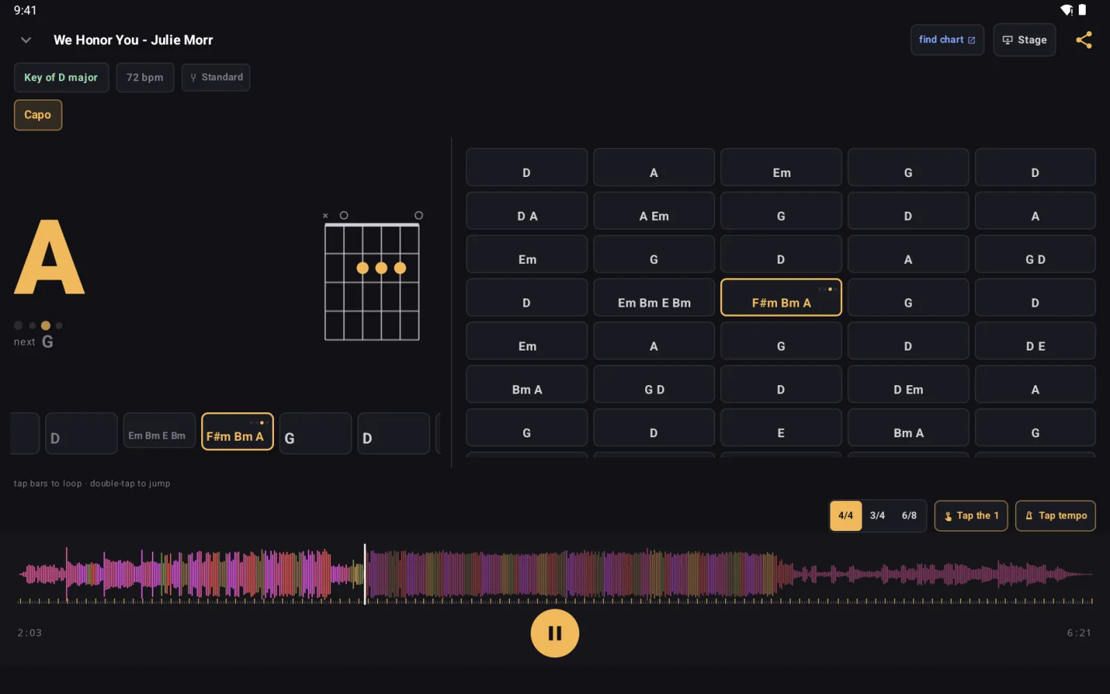 Chartless on an Android tablet charting We Honor You by Julie Morr: the chord A with its diagram on the left, the whole song as a grid of bars on the right, the waveform along the bottom