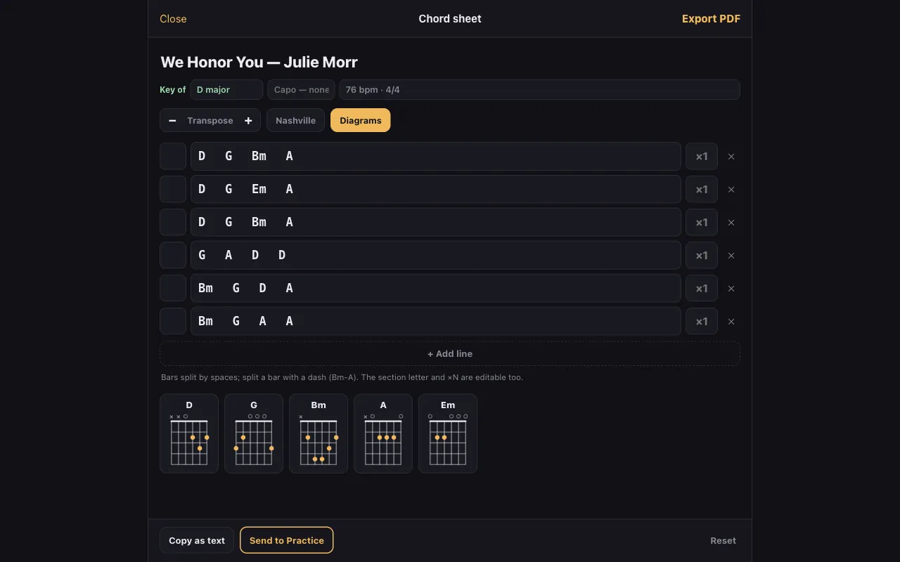 The chord sheet for We Honor You by Julie Morr in D major at 76 bpm: six lines of bars, transpose, Nashville and diagram options, chord diagrams for D, G, Bm, A and Em, and Export PDF