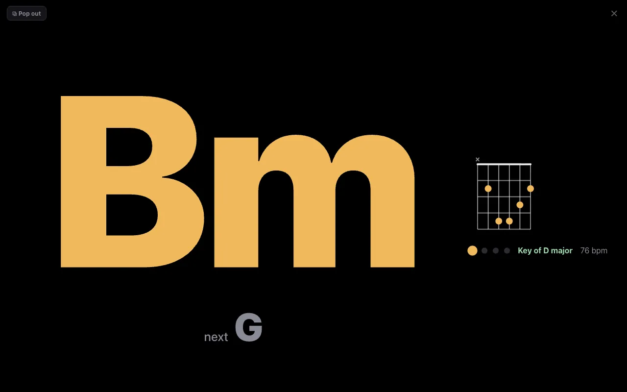 Stage view: Bm filling the screen in gold on black, next chord G underneath, the guitar diagram, beat dots, key of D major and 76 bpm