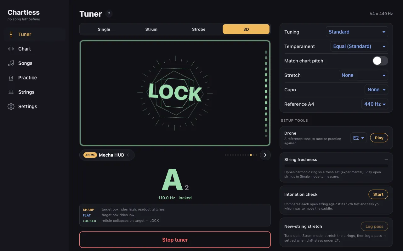 The Chartless tuner in 3D mode, the Mecha HUD scene locked on A2, next to tuning, temperament, stretch, capo and reference settings and the setup tools