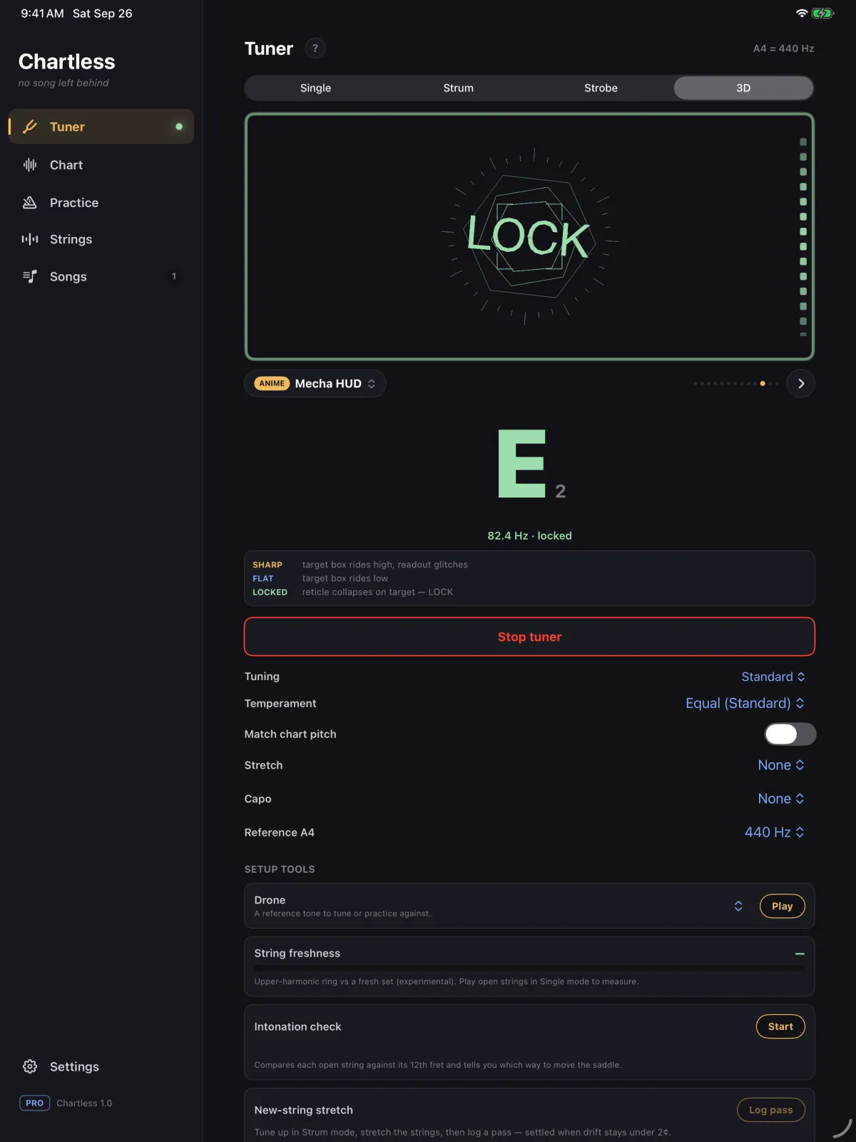 The 3D tuner on iPad, the Mecha HUD scene locked on E2 with LOCK across the reticle, with the tuner settings and setup tools below
