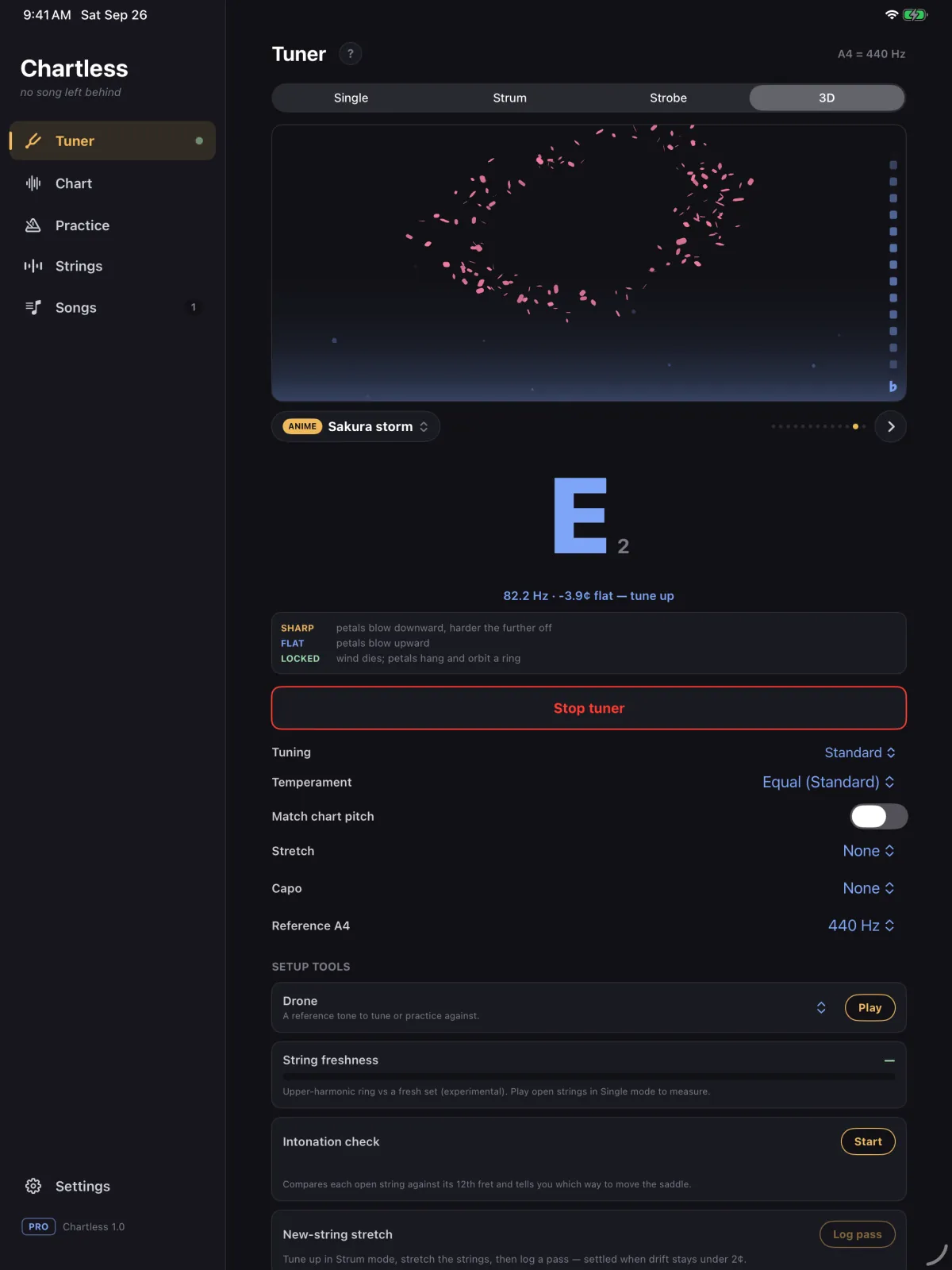 The 3D tuner on iPad, the Sakura storm scene: pink petals swirling while E2 reads slightly flat, with the tuner settings and setup tools below