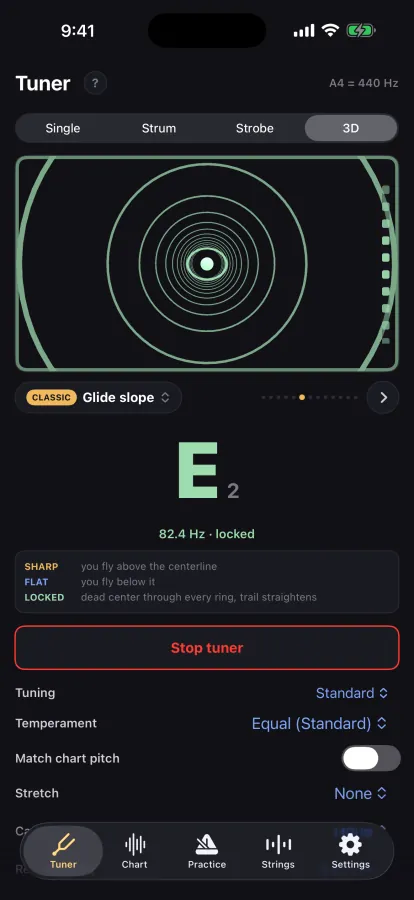 3D tuner, glide slope: concentric green rings with the dot dead center, E2 locked at 82.4 Hz