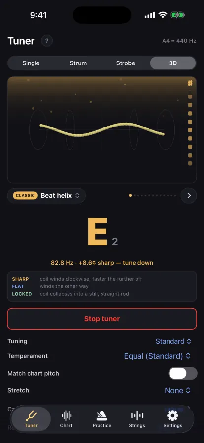 3D tuner, beat helix: a gold coil winding while E2 reads 8.6 cents sharp
