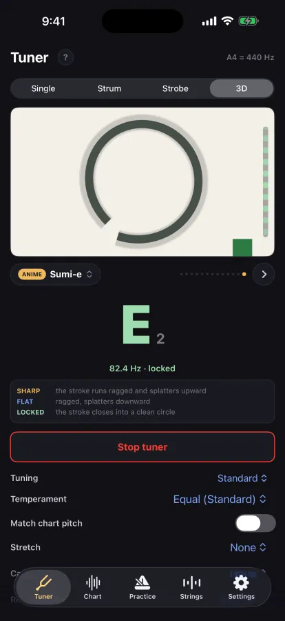 3D tuner, sumi-e: an ink stroke closed into a clean circle on cream paper, E2 locked