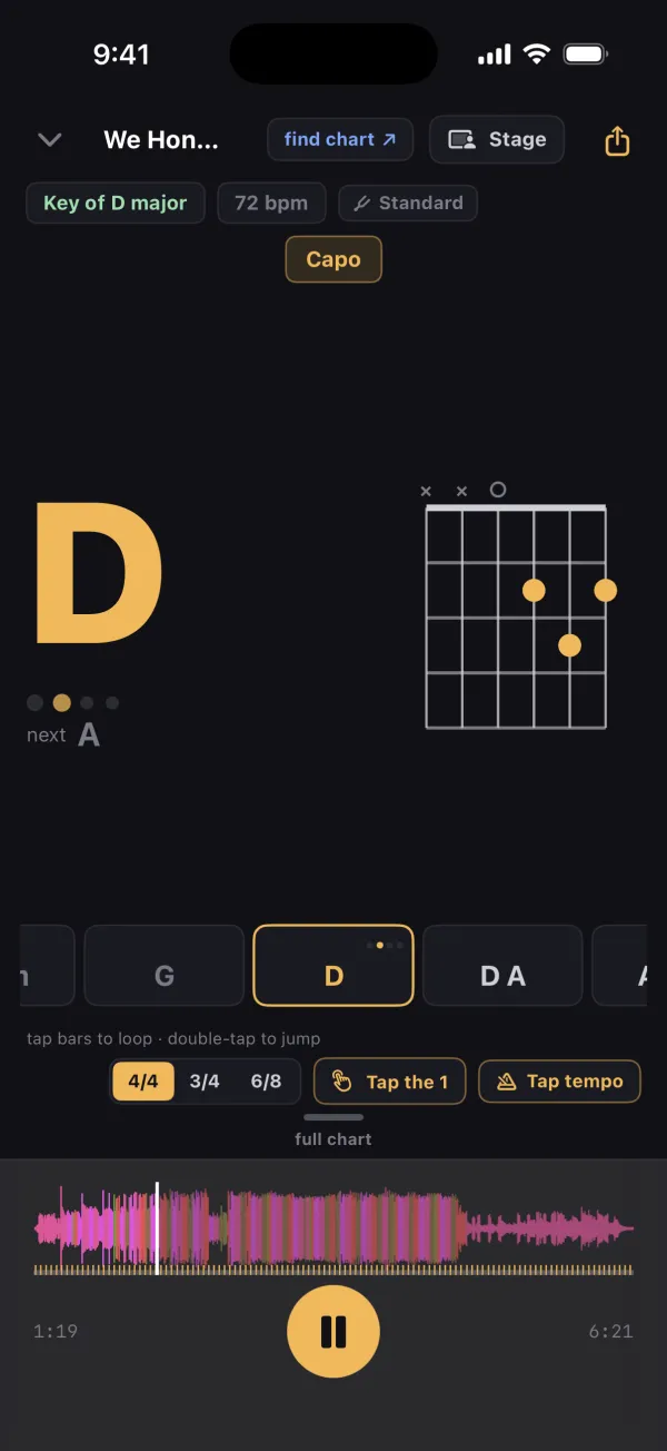 Chartless for iPhone playing back We Honor You (feat. Julie Morr): the current chord D large, a guitar diagram, key of D major, 72 bpm, and the bar ribbon
