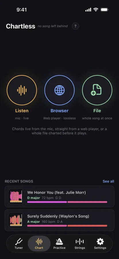 The Chart tab: Listen, Browser, and File as three equal circles, with two recent songs underneath, We Honor You and Surely Suddenly (Waylon's Song)