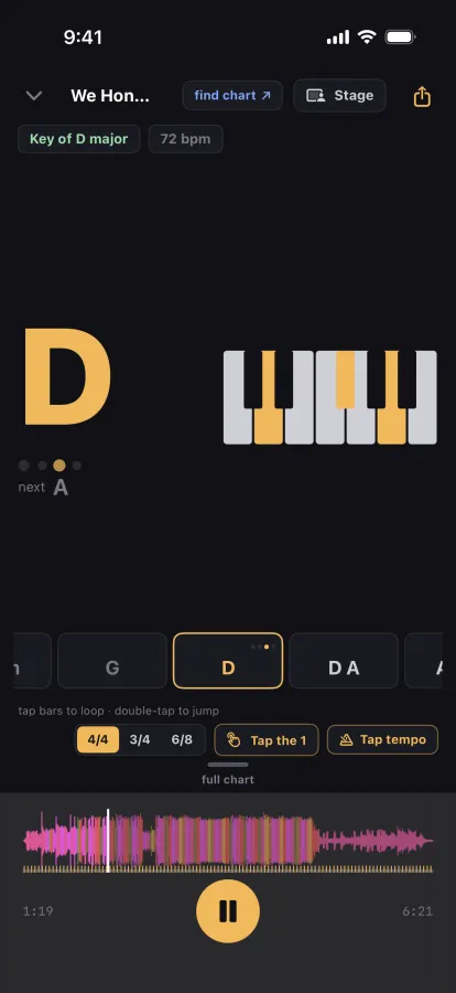 The same song with Piano as the instrument: a D chord with the keys lit on a one-octave keyboard