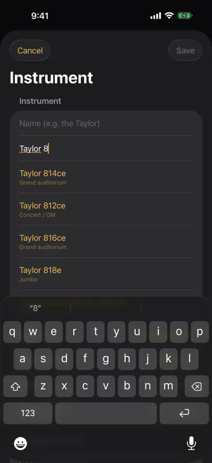 Adding an instrument on iPhone: typing Taylor 8 brings up the Taylor 814ce, 812ce, 816ce and 818e with their body shapes