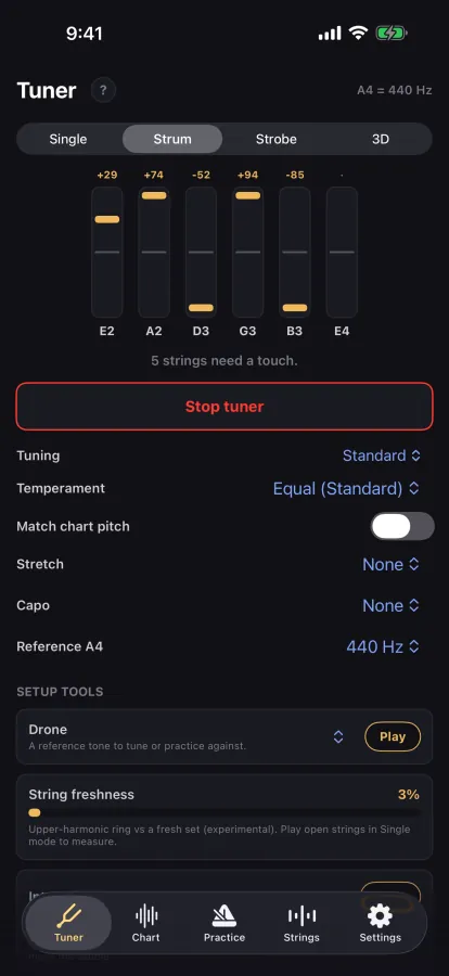Strum tuner on iPhone: all six strings read from one strum, each with its own cents offset, five flagged as needing a touch